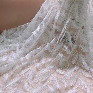 Off White Feathers Lace Fabric with Sequined for Prom Dress, Party Dress, Flower Girl Dress