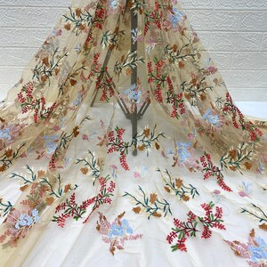 Multi-color Floral Wedding Lace Fabric, Beige Mesh Fabric, Bridal Dress Bohemian Dress Flower Fabric By the yard