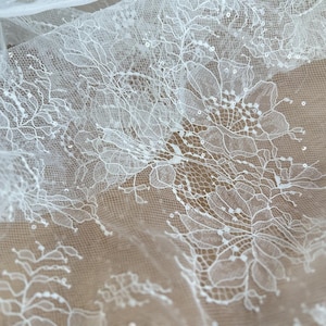1Yard Shiny Crystal Clear Sequin Lace, Floral Corded Embroidery Sequined Fabric, Wedding Bridal Dress Gown, Bridal Veil Gauze Lace Fabric