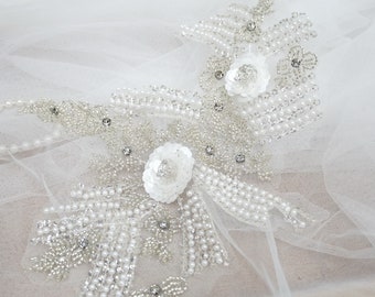 Beaded Lace Applique, Ivory Silver Beads Applique with Rhinestone for Evening Gowns, Bridal, Bridesmaid, Dance Costumes