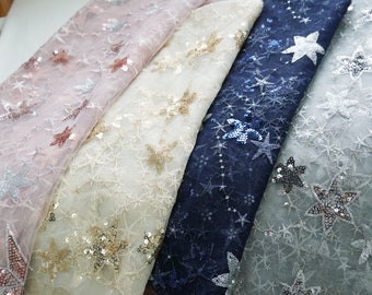 Star Fabric, Sequin Lace Fabric, Beautiful Stars Design Sequined Embroidery Mesh Lace Fabric By the yard
