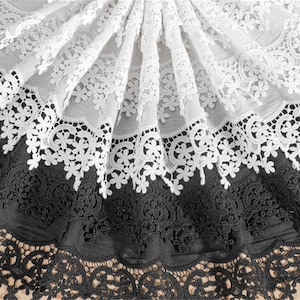 9.1&quot; Wide Cotton Lace, Double Floral Pattern Trim, Black / Off white Cotton Trimming for Cuffs, Doll Dress, Home Decor