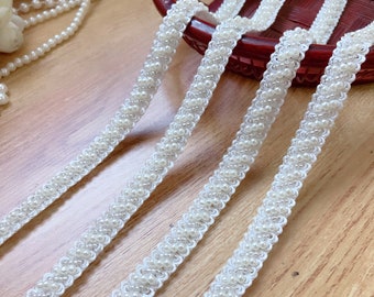 Beaded Trim - Ivory Pearl and Silver Beads Lace Trim For Bridal, Headbands, Jewelry, Costumes, Crafts