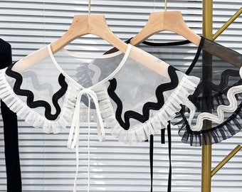 Schwarz / Weiß Organza Spitzenkragen mit Bindeband, Rüschen Spitze Fake Kragen, Spitzenkragen Bluse / Kleid