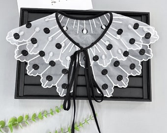 Abnehmbarer Kragen aus schwarzer Tupfen-Organza-Spitze für Bluse, Röcke, Pullover, Kostüm-Design