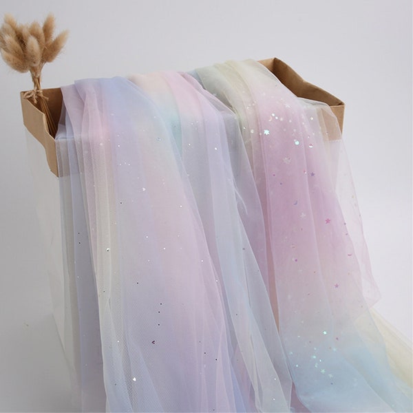 Soft Tulle Fabric Glitter Stars Rainbow Lace Fabric for Party Dress, Girls Fancy Dress, Cape or Wedding Decor