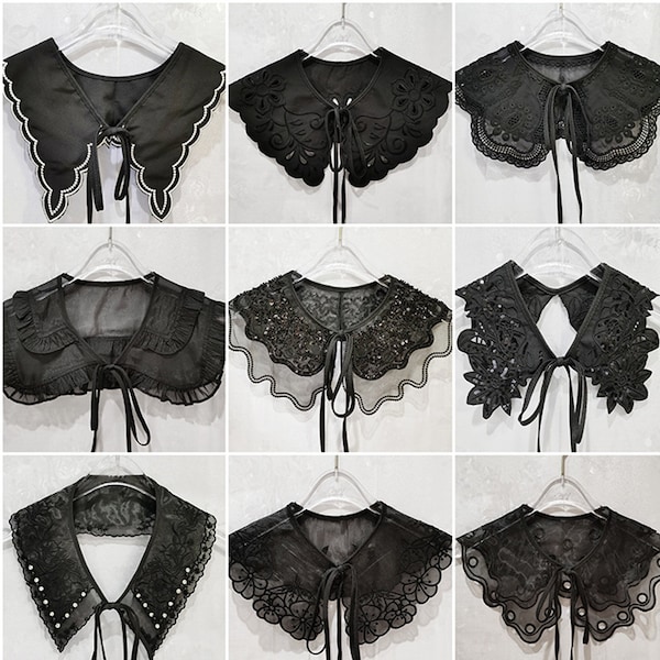 Cuello de encaje negro, cuello bordado, estilo Peter Pan, costura, blusa/suéter con cuello desmontable