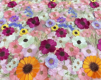 Multicolored 3D Flowers Applique Fabric, Soft Tulle Fabric Floral Fabric Bridal Lace Fabric, Haute Couture Lace, Wedding Dress Fabric