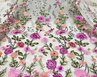 Quality Colorful Flowers Embroidered Lace Fabric Light Beige Tulle fabric For Wedding Gown, Bridal Dress, Summer Dress, Party Dress