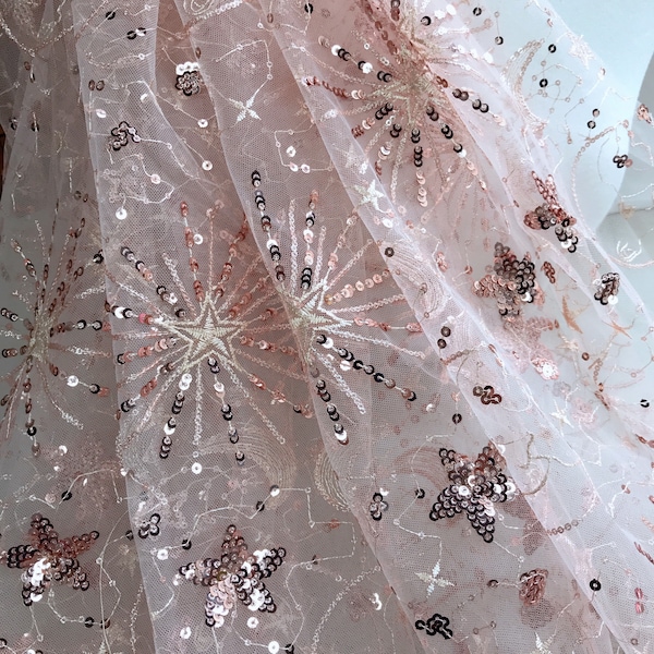 Pink Sequined Stars Sheer Mesh Fabric for Prom Dresses, Princess Dress, Wedding Dress