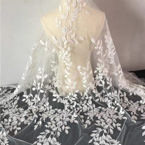 Off white 3D Floral Leaf Design, Fancy Embroidered Leaves Tulle Mesh Fabric for Lase Corset Bridal Gown, Mermaid Gown, Mantilla
