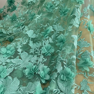 3D Chiffon Flower Fabric, Cyan Green Lace Fabric, Floral Embroidery Lace Fabric, Turquoise Green Floral Wedding Fabric By Yard