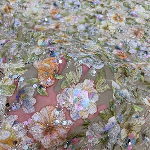 Elegant Beaded Sequin Embroidered Colored Florals Apricot Tulle Fabric for Bridal Dress, Victorian Prom Dress, Fairy Gown