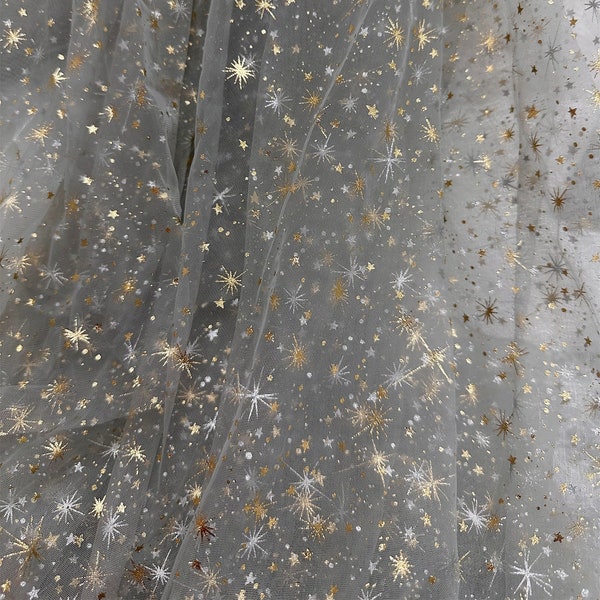 Soft Tulle Lace Gold Stars Printed Fabric for Prom Dress, Tutu Dress, Wedding or Christmas Decor - 10 Colors