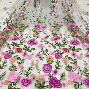 Quality Colorful Flowers Embroidered Lace Fabric Light Beige Tulle fabric For Wedding Gown, Bridal Dress, Summer Dress, Party Dress