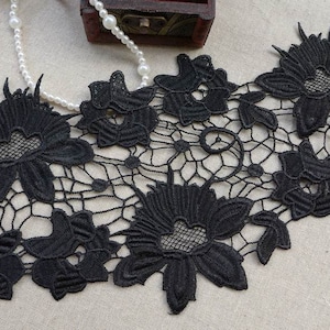 Venice Lace, Black Flower Applique Trim, Guipure Lace Trim, Wedding Gown Lace Supply