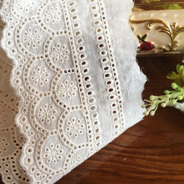 Beige Cotton Eyelet Scalloped Lace Trim for Skirts, Doll Dress, Cuffs, Curtains - 2 Yards