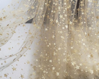 Stars Mesh Fabric, Gold Stars Glitter Print Lace Fabric for Flower Girl Dress, Party Dress, Wedding Decoration