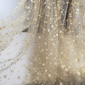 Stars Mesh Fabric, Gold Stars Glitter Print Lace Fabric for Flower Girl Dress, Party Dress, Wedding Decoration