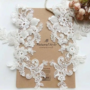 Lace Appliqué Pair Ivory Pearl Beaded Applique Trim for Wedding Bridal Hair Accessory Prom Hair