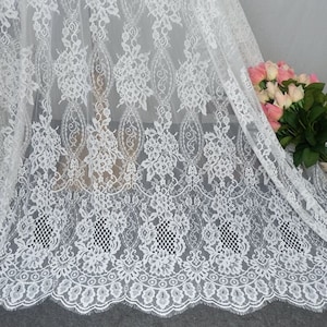 Off White / Black Scallops Eyelash Fabric Soft French Chantilly Lace for Baptism Dress, Lace Robes or Lingerie