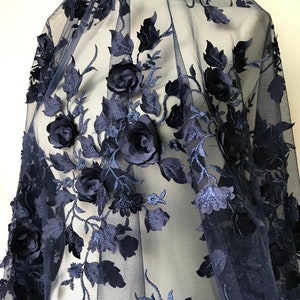 3D Rose Flower Fabric, Navy Blue Lace Fabric, Floral Leaf Lace Fabric, Navy Floral Wedding Fabric By Yard