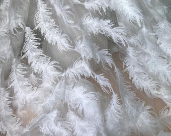 Off White Feathers Lace Fabric, Transparent Mesh Fabric, Dresses Fabric or Lace Curtains