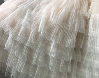 Tulle Ruffled Lace, White Pleated Lace Fabric for Wedding Dress, Girl's Skirt, Embellishment