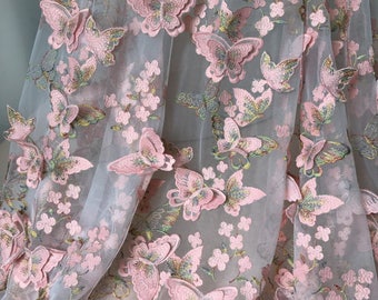 Pink and Multi-colored gold thread butterfly applique embroidered lace on off white tulle fabric for weddings, prom dress, costumes