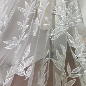 Leaves Fabric 53" Wide, Ivory Embroidered Tulle Lace Fabric for Wedding Gowns, Boutique, Home Decoration