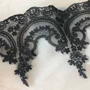 Vintage BLACK Embroidery Lace Alencon Lace Trim for Wedding Gown, Millinery, Bridal Gloves, Costumes