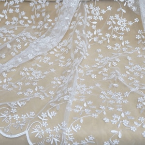 Exquisite Ivory Floral Leaves Embroidery Lace Fabric, Wedding Gown Bridal Veils Fabric By The Yard