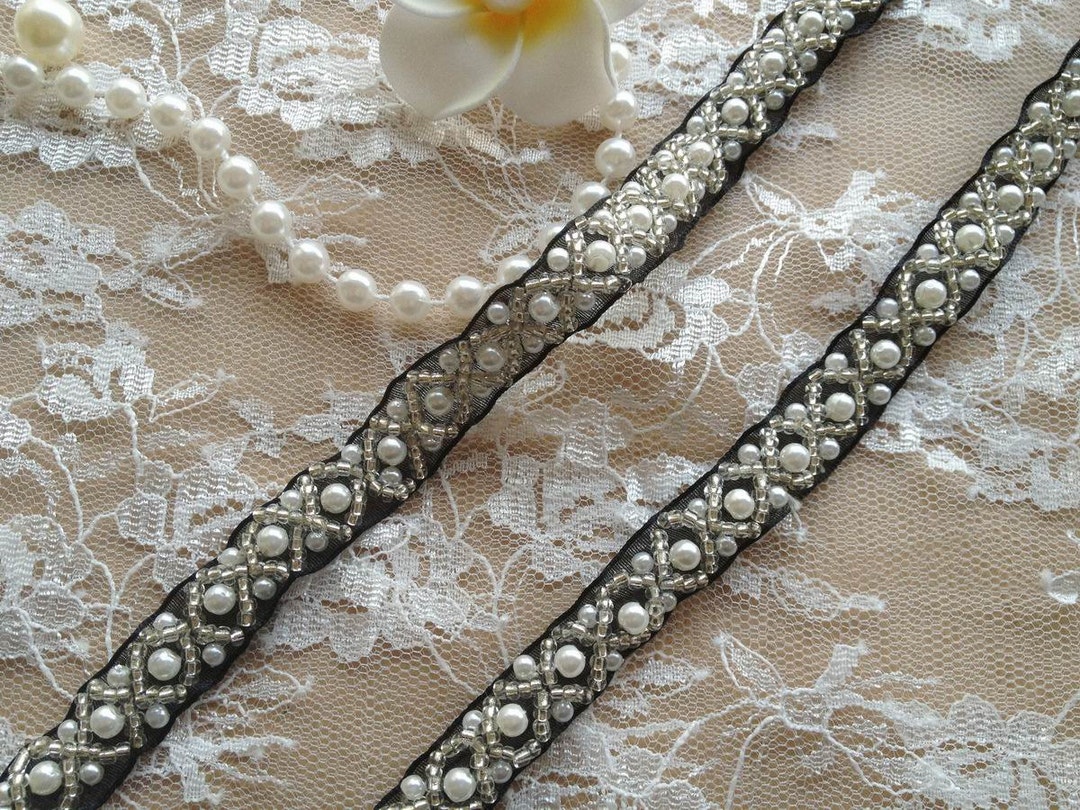 Beaded Ribbon Trim Ivory Pearl and Silver Beads Lace Trim on Black