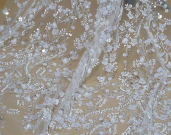 Tissu en dentelle brodée de perles et de tulle transparent pour robe de mariée, hauts de mariée, veste boléro