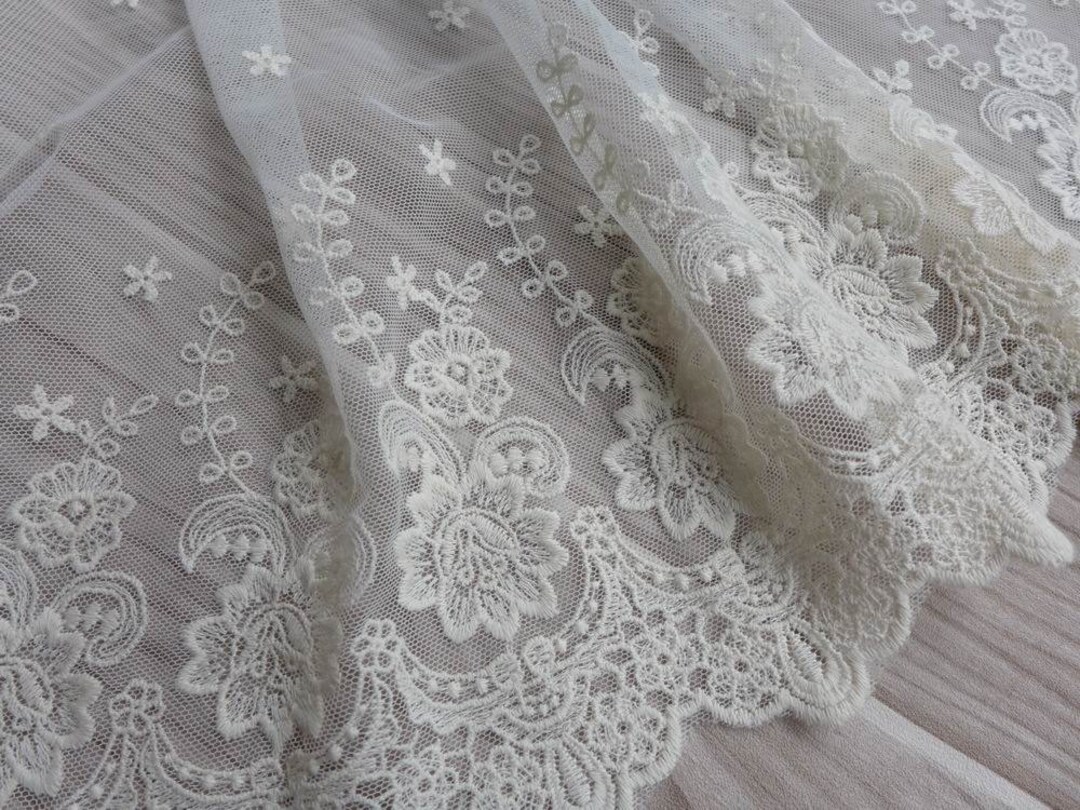 Ivory Wedding Lace Trim 12.6 Embroidered Tulle Flower Net Lace Trim for ...