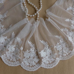 Off white cotton embroidered floral lace trim soft tulle fabric lace 4.9" wide 2 yards