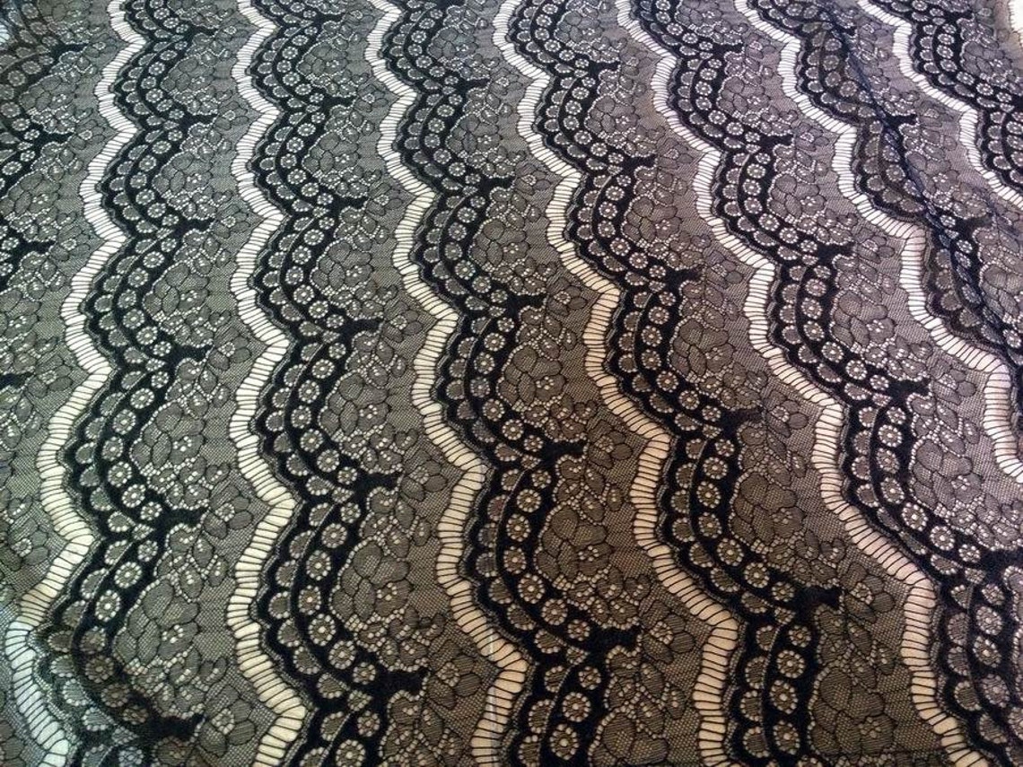 Black & Marigold Botanical Floral Vine Sequined Embroidered Scalloped-Edge Lace Fabric