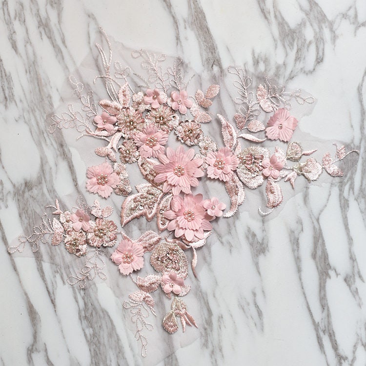 Lace Applique, Pink Flower Applique, Beaded Embroidered Bridal Applique,  Pc