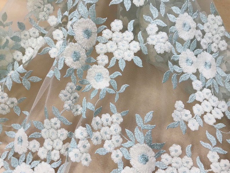 Ice Green Lace Fabric with Silver Thread Off white Cotton Flower Fabric Floral Leaves Embroidery Mesh Lace Fabric