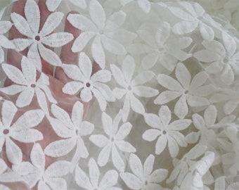 Off white / Beige Cotton Embroidery Daisy Flower Fabric Organza Fabric for Daisy Dress, Prom Dress, Daby Dress