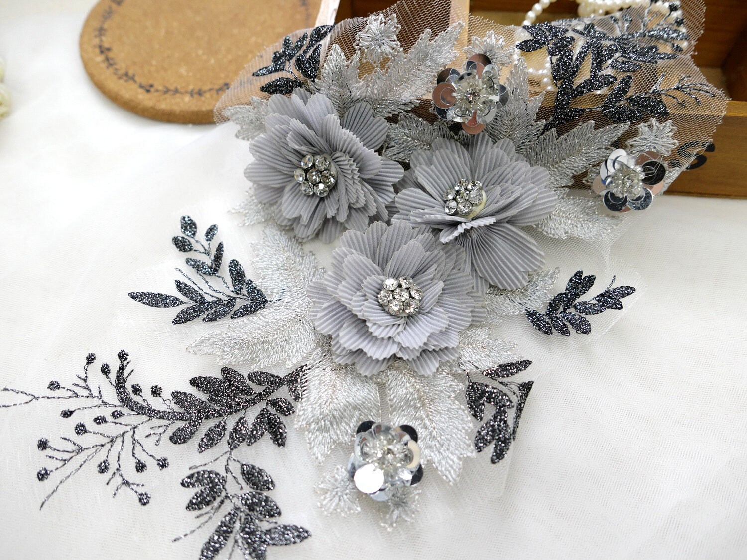 Silver Gray Embroidery Beading on Gray Tulle Embroidery