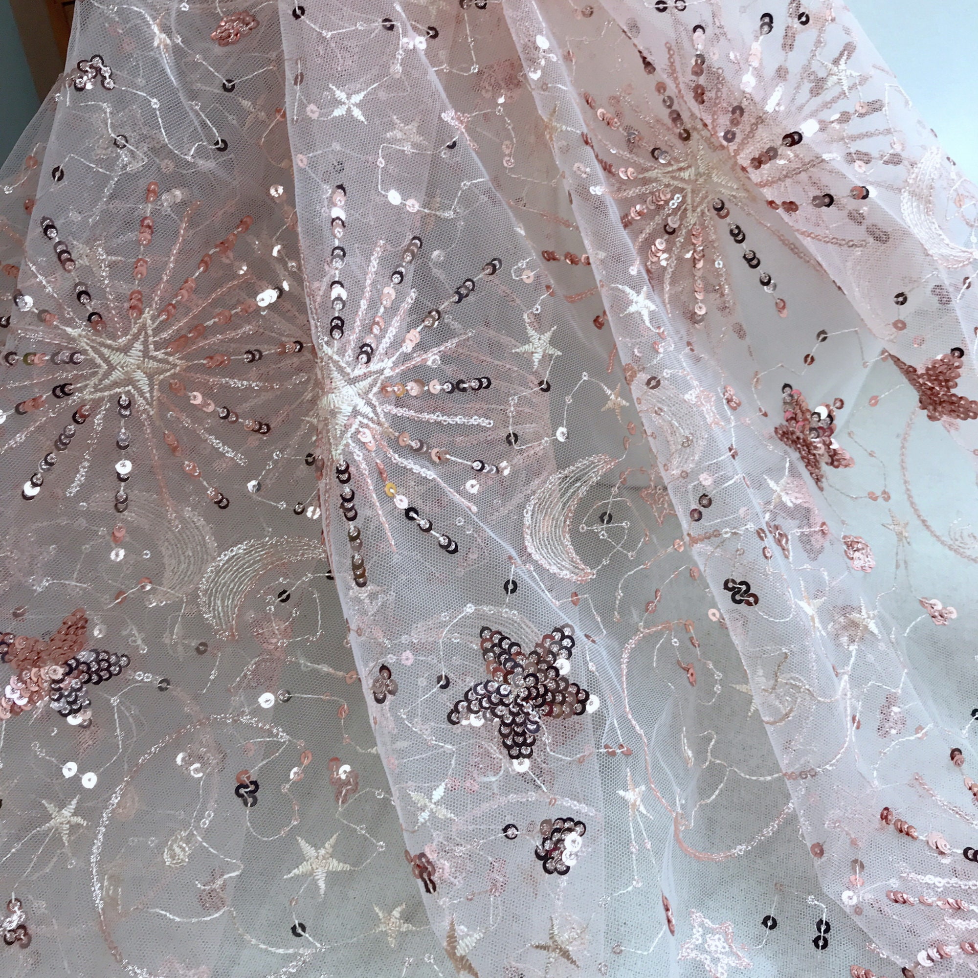 Pink Sequined Stars Sheer Mesh Fabric for Prom Dresses