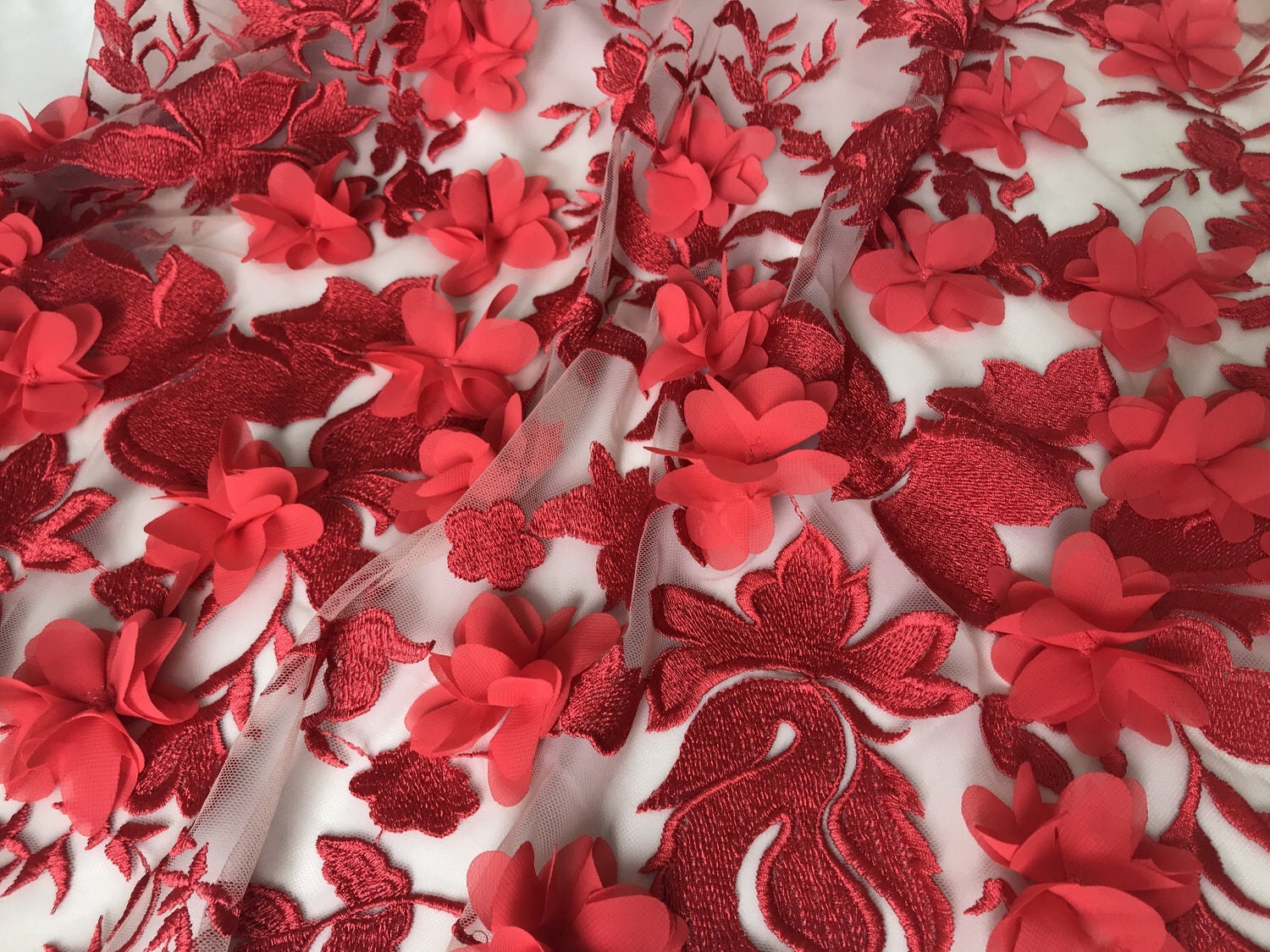  1 Meter Red 3D Flower Applique Lace Fabric Embroidered Mesh  Tulle for Sewing Dress Table Skirt Curtain Decor Crafts