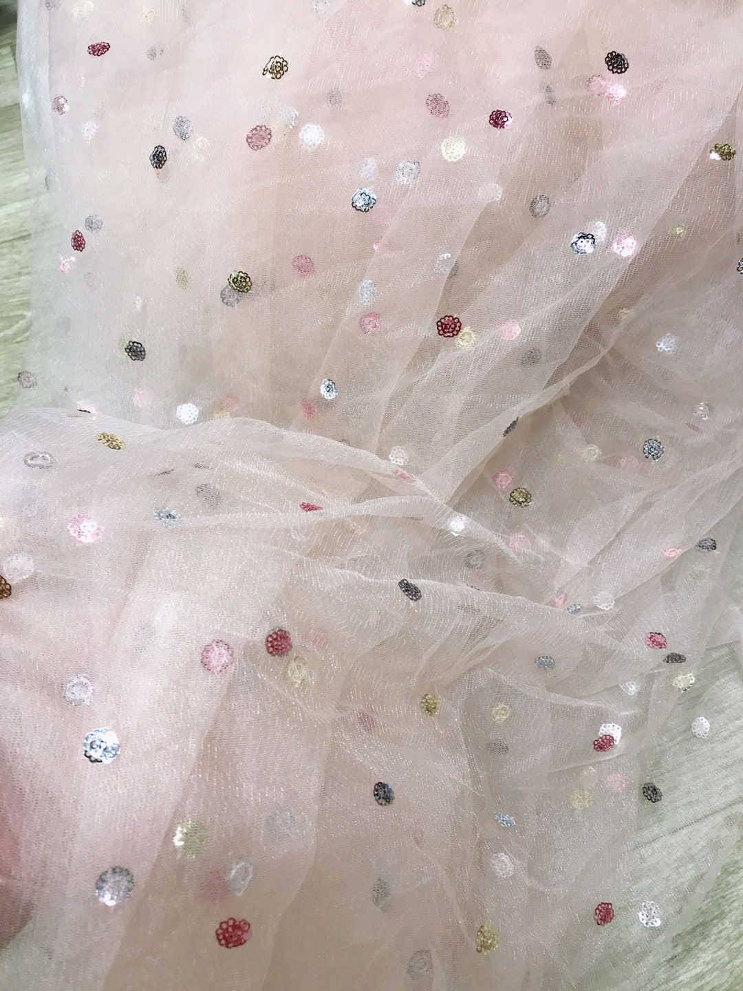 Sequins Dotted Embroidery Fabric, Pink Polka Dot Tulle, Colorful Dots ...