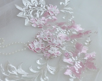 Pink White Lace Applique, Beaded Flower Applique for Prom, Bridal Illusion Gowns, Dance Costume, Garments