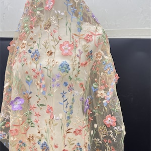 Multicolor 3D Wildflower Embroidered on Beige Tulle Mesh Fabric for Cocktail Dress, Bridal Overskirt, Fairy Gown