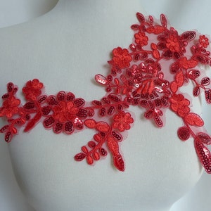 Alencon Sequined Lace Applique in Graceful Red for Jewelry Design, Bridal Gown, Wedding Dress