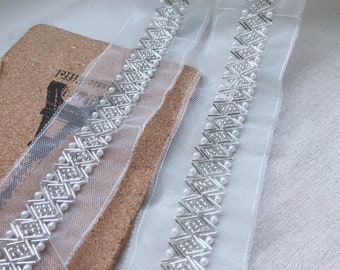 Beaded Mesh Trim, Bridal Pearl Applique, Silver Ivory Beaded Lace Trim, Wedding Sash Applique Trim