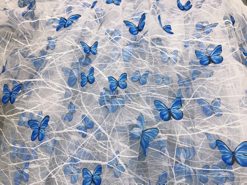 Blue 3D Butterflies Applique Fabric off White Mesh Lace Fabric | Etsy