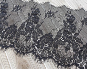 Black Scalloped Lace Fabric, Eyelash Floral Lace Trim, Black Chantilly Lace For Wedding Bridal Veils Costume design